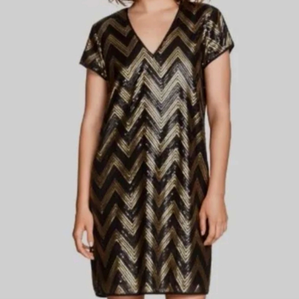 H&M Sequined Black and Gold Midi Dress Women’s Size Small Party Cocktail holiday